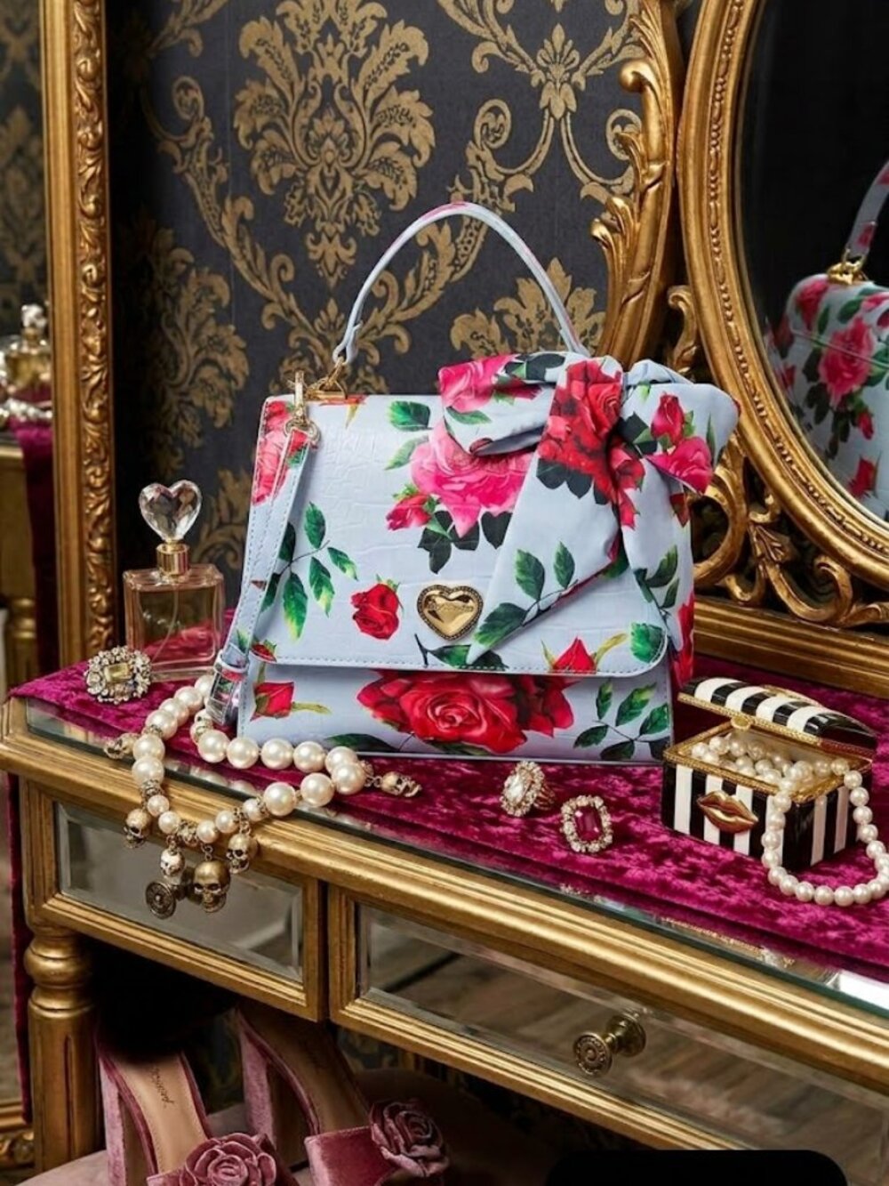 New Betsey Johnson Blue Red Pink Floral Lattice Print Top Handle Crossbody Bag
